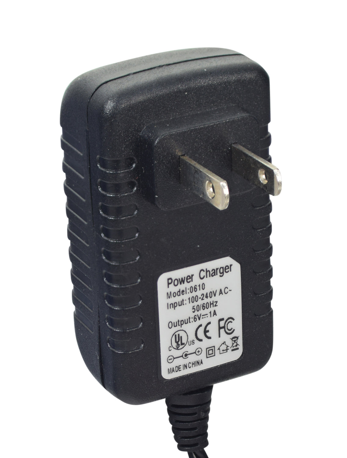 6 Volt Battery Charger for Kid Trax Ride-On Toys, featuring a black charger with two plugs and a white label, designed for wall-mounting with round coaxial and square end connectors.