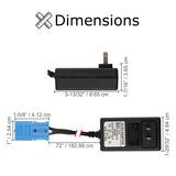 12 Volt 1.0 Amp Battery Charger with 1 Blue Grid Connector for Kid Trax Ride-On Toys, showing a black adapter and blue connector diagram, emphasizing its secure, jiggle-proof connection.