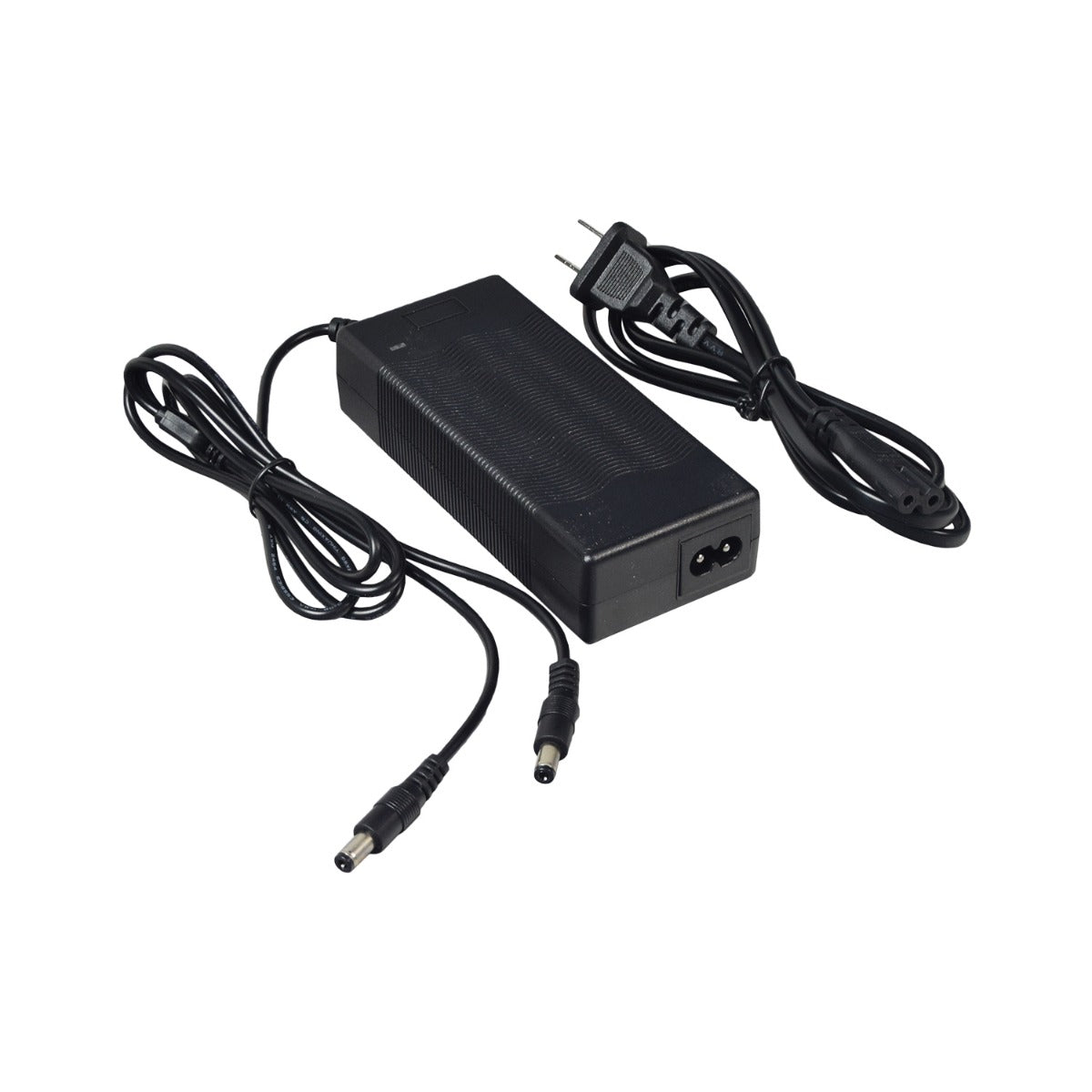 29.4V 1.5A Lithium Battery Charger with Dual Coaxial Output for Hovershoes, featuring a black power cord with a rectangular box and plug, designed for Li-ion battery packs.