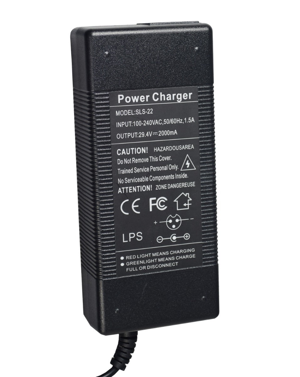 29.4V 1.5A Lithium Battery Charger with Dual Coaxial Output for Hovershoes, featuring white text on a black casing and a distinct connector, designed exclusively for Li-ion battery systems.