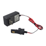 12 Volt Battery Charger for Power Wheels Ride-On Toys, featuring a black power adapter with red and black wires, a white label, and a square-end connector.