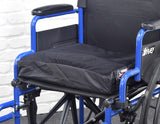 ROHO HARMONY® Cushion for Mobility Scooters, Power Chairs, & Wheelchairs on a blue and black wheelchair, featuring a black cushion on a blue frame, designed for comfort and support.