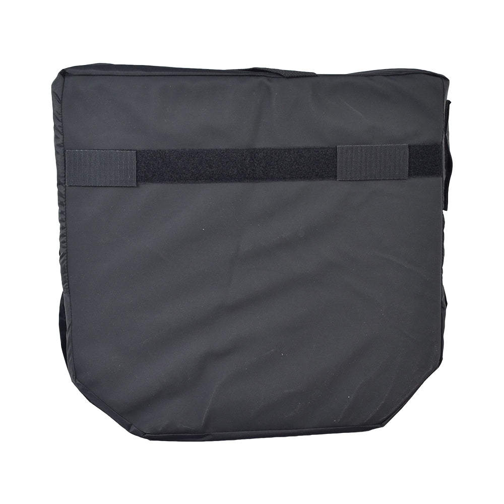 ROHO HARMONY® Cushion for Mobility Scooters, Power Chairs, & Wheelchairs shown with its black fabric and strap, offering a fluid-resistant cover and air flotation cushion insert on a foam base.