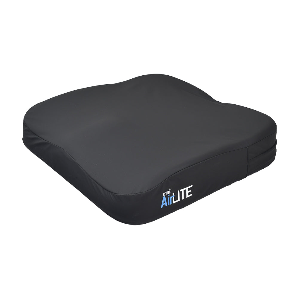 ROHO AirLITE® Cushion for Mobility Scooters, Power Chairs, & Wheelchairs, black square cushion with blue text, featuring a durable cover with full zipper coverage for enhanced fluid resistance.