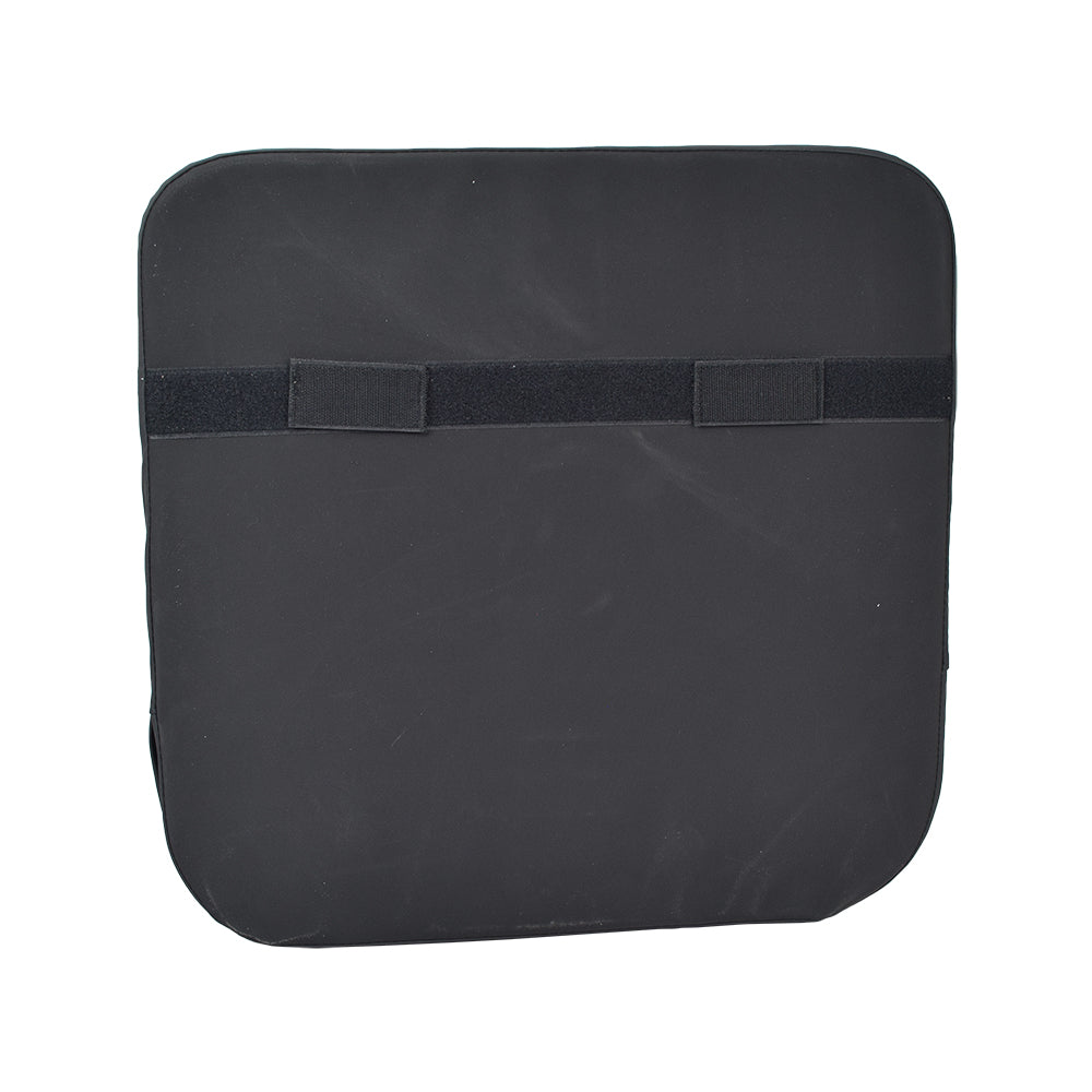 ROHO AirLITE® Cushion for Mobility Scooters, Power Chairs, & Wheelchairs - A black cushion with straps, designed for enhanced fluid resistance, security, and improved transfer by lowering the front and middle sections.