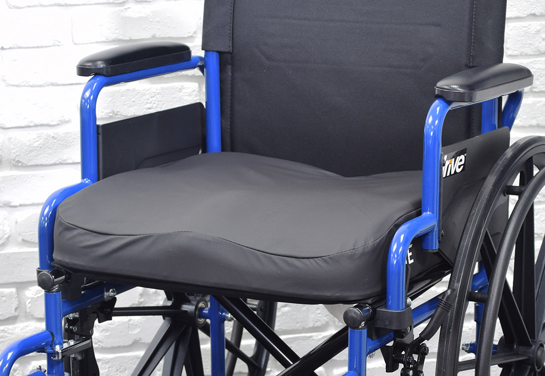 Close-up of the ROHO AirLITE® Cushion for Mobility Scooters, Power Chairs, & Wheelchairs, showcasing its black cushion and ergonomic design for improved transfer and positioning.