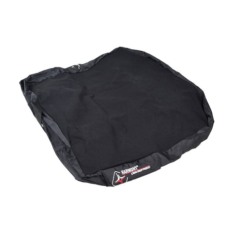 Replacement Cover for ROHO HARMONY® Cushion for Wheelchairs, Scooters, & Power Chairs: A black square cushion cover with a logo, designed for easy removal, fluid resistance, and Velcro strips for secure attachment.