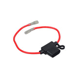 In-line 30 Amp ATM Blade Fuse Holder with Wire & 1/4 Battery Terminal Connectors, shown with attached red and black wires and visible connectors, designed for automotive electrical systems.