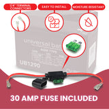 In-line 30 Amp ATM Blade Fuse Holder with Wire & 1/4 Battery Terminal Connectors, featuring close-up views of the fuse holder, wires, and terminal connectors.