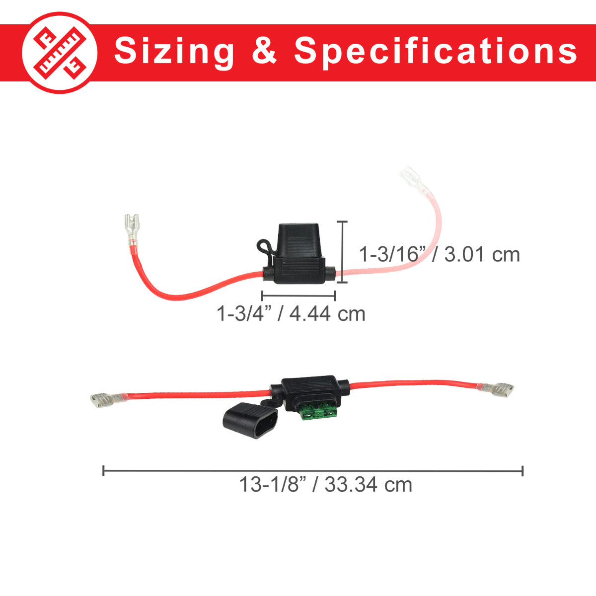 In-line 30 Amp ATM Blade Fuse Holder with Wire & 1/4 Battery Terminal Connectors, featuring a black plastic connector and red wires, designed for automotive fuse applications.