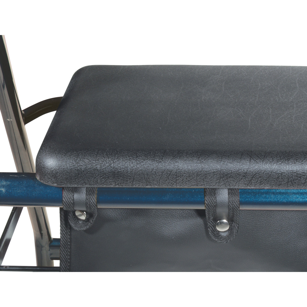 Seat for Drive Medical Aluminum Rollators with 6 & 7-1/2 Casters, featuring a black padded vinyl cushion on a metal frame, close-up of mounting hardware and texture.