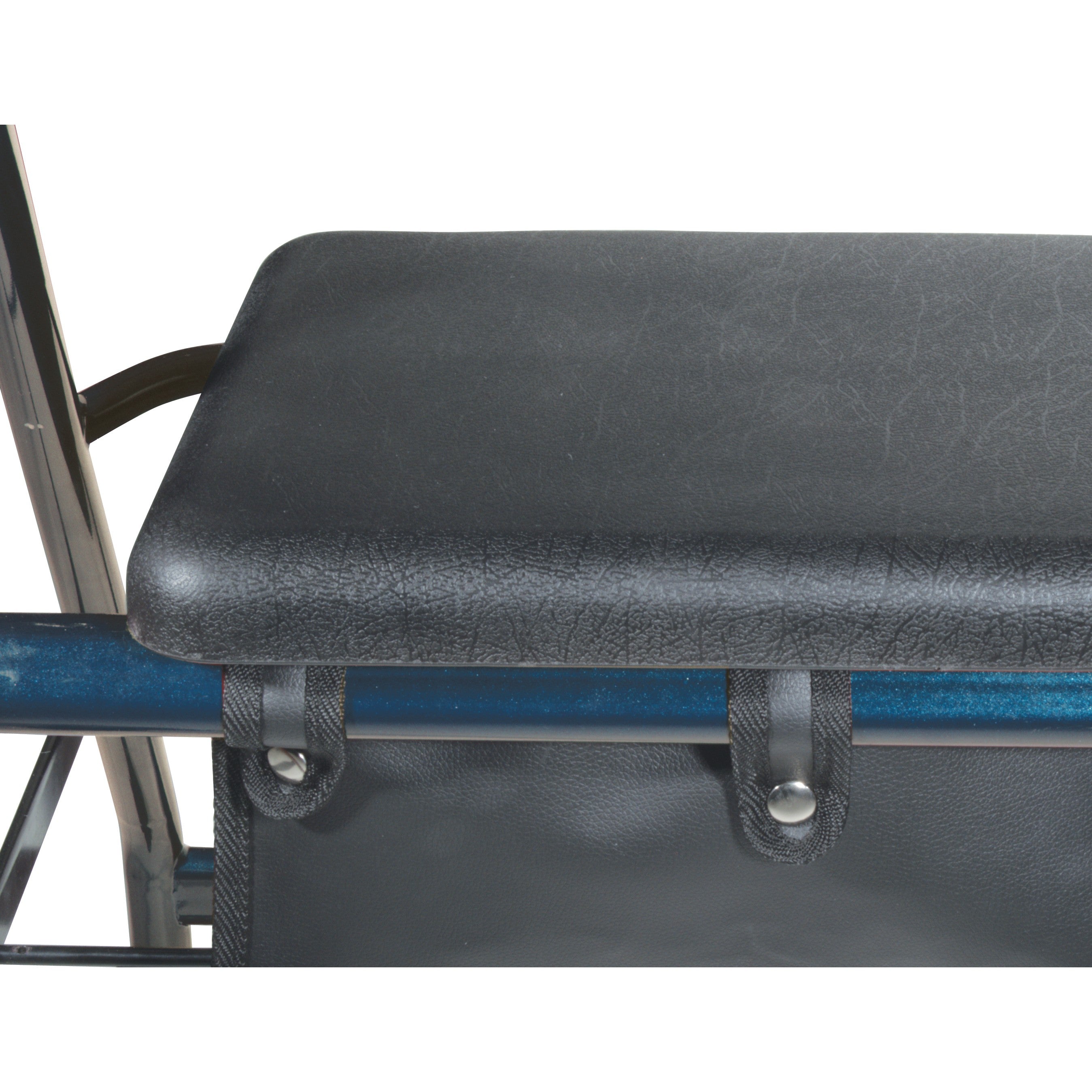 Seat for the Medline Steel Rollator Walker with 6 Wheels, featuring a black padded vinyl cover on a metal pole, complete with a zippered pouch underneath for added convenience.