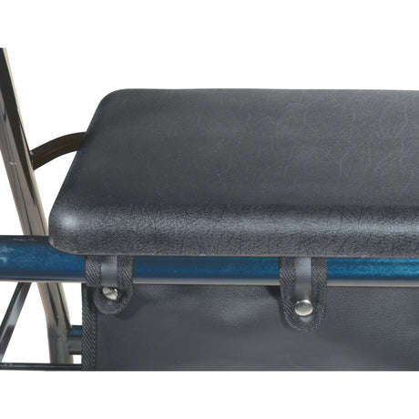 Seat for the Medline Steel Rollator Walker with 6 Wheels, featuring a black padded vinyl cover on a metal pole, complete with a zippered pouch underneath for added convenience.