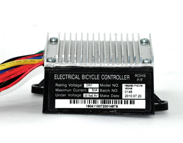 Close-up of the 201C6-3A / HB2430TYD-FS / HB2430-TYD-ROHS Control Module for Razor Dirt Quad, showing intricate electronic components and several colored wires.