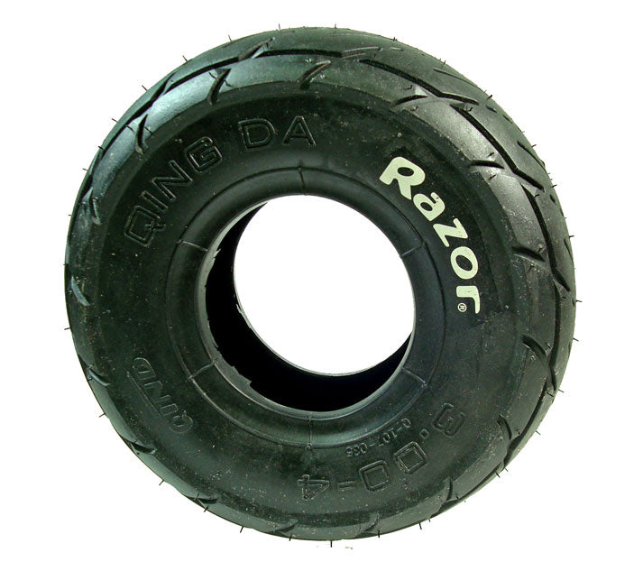 Razor 3.00-4 (10x3, 260x85) Scooter Tire with Razor printed on the sidewall, featuring close-up details of the tread and white lettering. Suitable for various scooters and utility equipment.