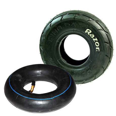 3.00-4 (10x3) Scooter Tire & Tube Set featuring a black rubber tire with the Razor logo in white on the sidewall, accompanied by a black rubber inner tube with a blue stripe.