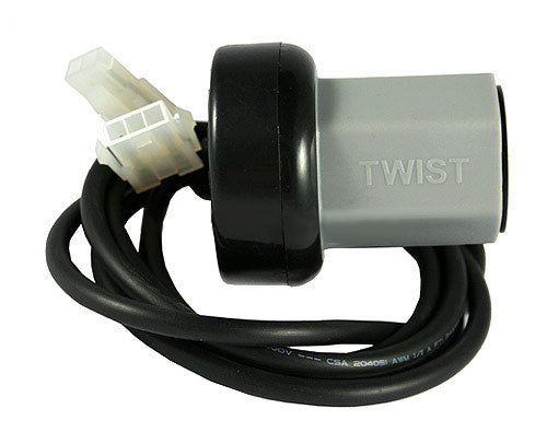 Razor 4-Wire, 2 Connector Twist Grip Throttle for the Razor E100/E125 (Versions 5-9), featuring a close-up of the grey and black cable with a black cap and connectors.