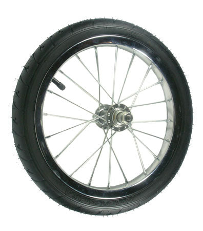 Razor Chopper Front Wheel Assembly: close-up of a bicycle wheel with wire spokes, 14x1.50 tire, tube, bearings, axle, and mounting hardware.