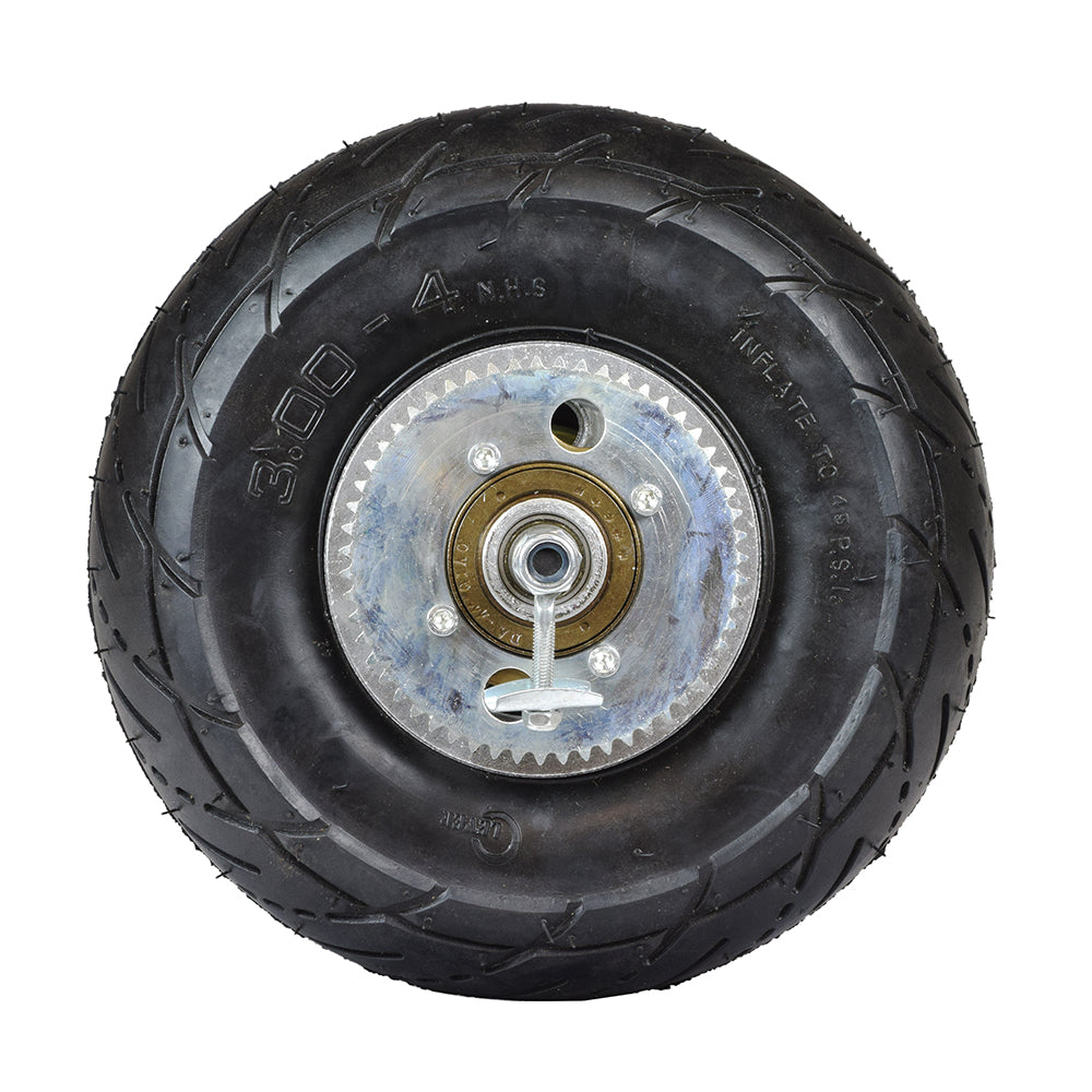 3.00-4 Rear Wheel Assembly for the Razor E300 Electric Scooter (Versions 1-35) featuring a black tire with a silver rim, visible brake assembly, and chain sprocket.