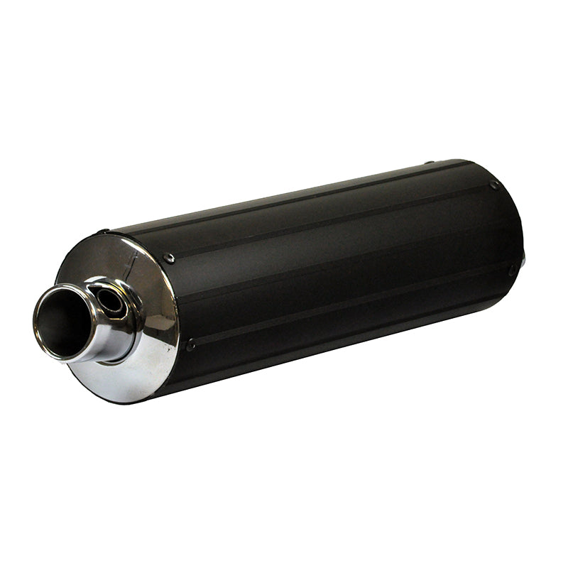 Universal Black Muffler/Silencer for 2-Stroke 50cc Scooters, featuring a sleek black and silver cylindrical design, enhancing both performance and aesthetics for Yamaha Jog style clone engines.