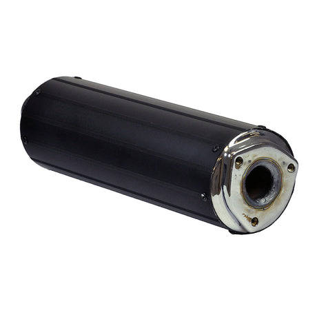 Universal Black Muffler/Silencer for 2-Stroke 50cc Scooters: Sleek black and silver cylindrical auto part designed for Yamaha Jog style clone engines, enhancing power and performance for various scooter sizes.