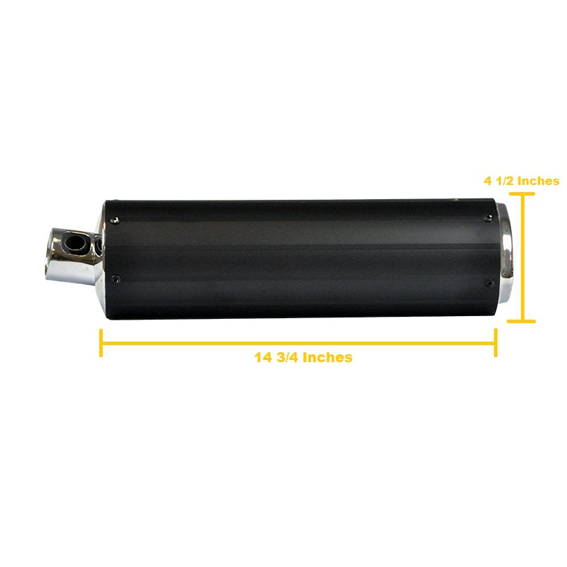 Universal Black Muffler/Silencer for 2-Stroke 50cc Scooters, featuring a sleek black and silver cylindrical design with measurement indicators. Ideal for Yamaha Jog style clone engines.