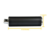 Universal Black Muffler/Silencer for 2-Stroke 50cc Scooters, featuring a sleek black and silver cylindrical design with measurement indicators. Ideal for Yamaha Jog style clone engines.