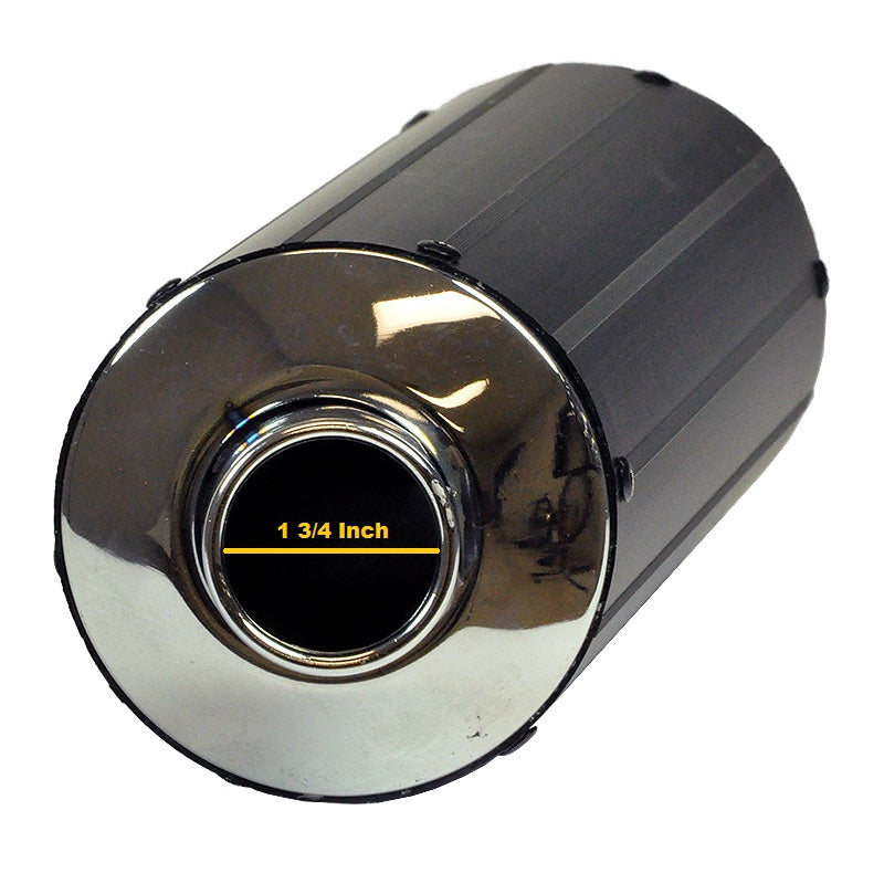 Close-up of a Universal Black Muffler/Silencer for 2-Stroke 50cc Scooters, showcasing its sleek metal construction designed for Yamaha Jog style engines.