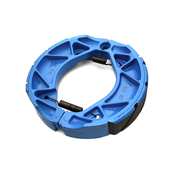 Racing Rear Brake Shoe Set for Yamaha Zuma 125 Scooter, featuring a circular blue and black metal ring with visible springs, designed specifically for the 125cc version.