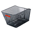 Fixed Rack Top Mesh Basket from Sunlite, featuring black wire mesh construction, a red label, and a red handle. Designed to mount on a bike's rear rack, enhancing utility and convenience.