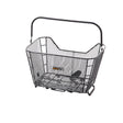 Quick Release Rack Top Mesh Basket: A black wire basket with a foam-padded handle, featuring spring-loaded clamps for easy mounting on a bike's rear rack, offering a 16 x 12 x 9 storage area.