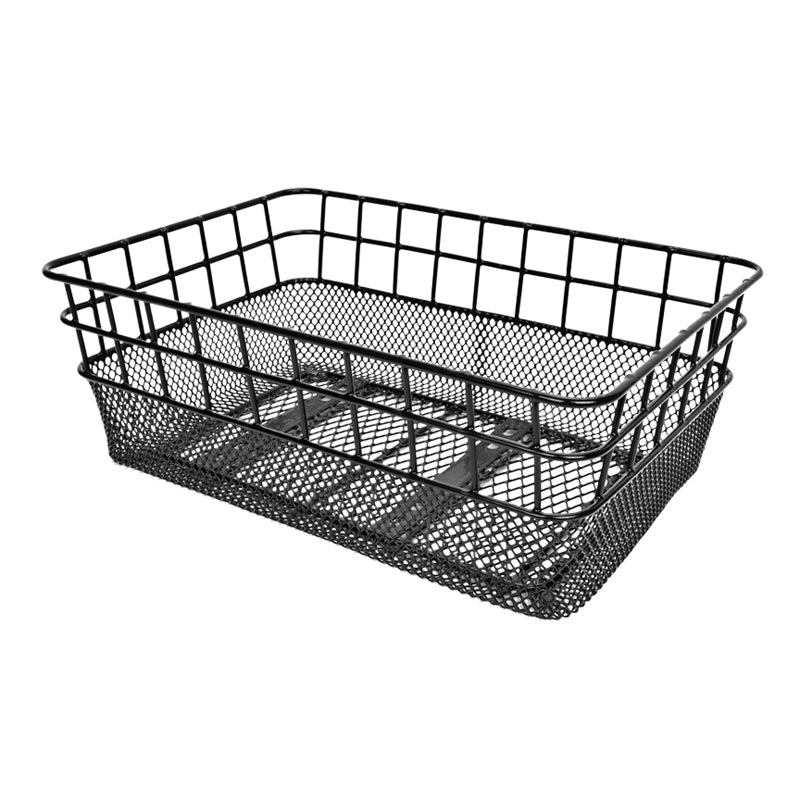 Rack Top Wire Basket with Mesh Bottom: A black wire basket featuring a mesh bottom, ideal for attachment to bikes or scooters, measuring approximately 15x10-1/4x5.