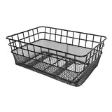 Rack Top Wire Basket with Mesh Bottom: A black wire basket featuring a mesh bottom, ideal for attachment to bikes or scooters, measuring approximately 15x10-1/4x5.