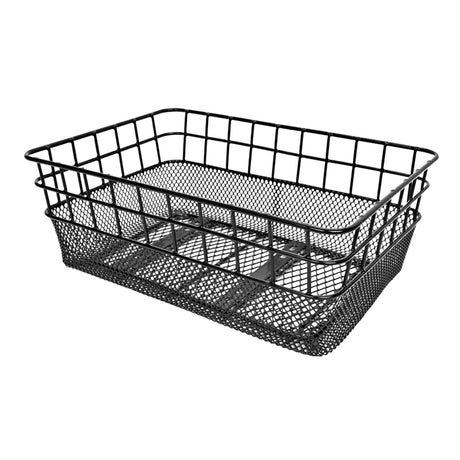 Rack Top Wire Basket with Mesh Bottom: A black wire basket featuring a mesh bottom, ideal for attachment to bikes or scooters, measuring approximately 15x10-1/4x5.