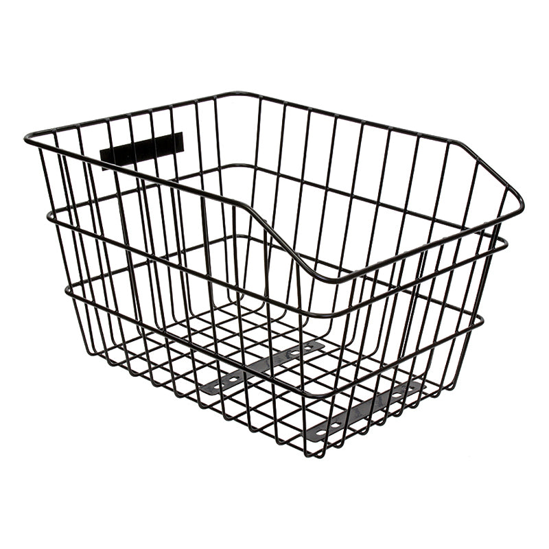 Rack Top Wire Basket by Sunlite, featuring a black wire design with a handle, made of top-quality steel, and mounts to the rear rack with fixed hardware. Measures 16 x 13 x 8.