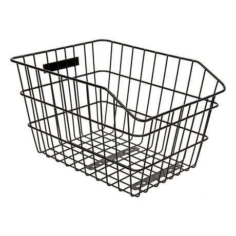 Rack Top Wire Basket by Sunlite, featuring a black wire design with a handle, made of top-quality steel, and mounts to the rear rack with fixed hardware. Measures 16 x 13 x 8.