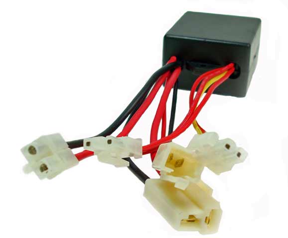 Control Module for Razor E100/E125, Versions 5-9, showing a black box with multiple red, black, and yellow wires connected, designed for electric scooters.