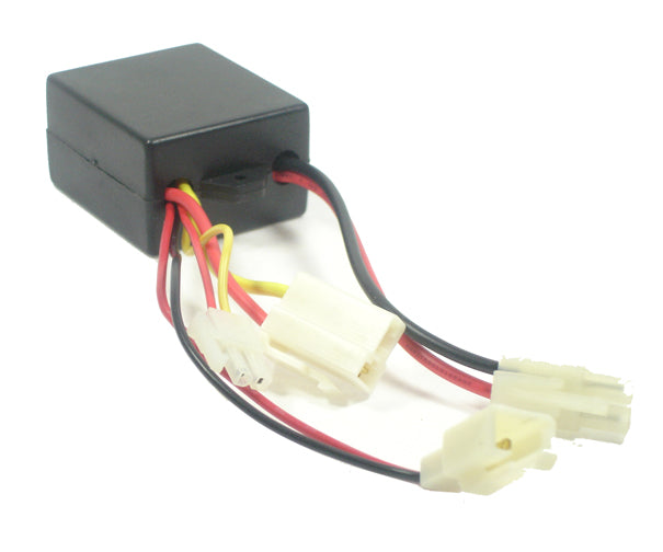 Control Module for Razor E100/E125, Version 1, featuring a black box with attached red and black wires, designed specifically for scooters without the external green Go button and chain-driven systems.