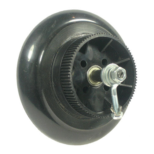 Rear Wheel Assembly for the Razor E100 & E125 (Belt Drive) and the Pulse Charger, featuring a black circular rim, solid polyurethane tire, bearings, brake assembly, belt sprocket, axle, spacers, and nuts.