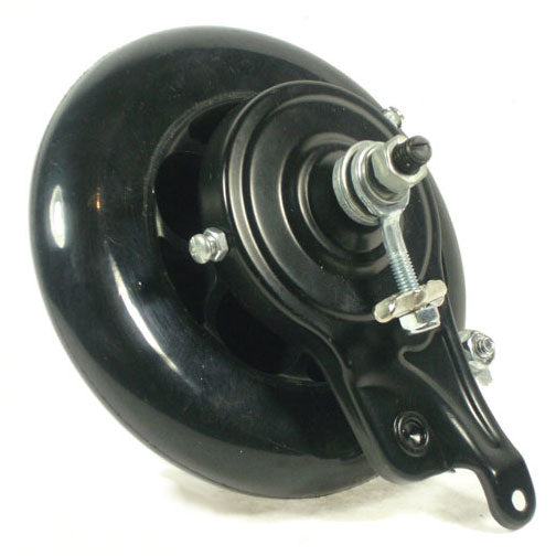 Rear Wheel Assembly for the Razor E100 & E125 (Belt Drive) and Pulse Charger, featuring a close-up of the integrated rim, solid polyurethane tire, brake assembly, belt sprocket, and axle components.