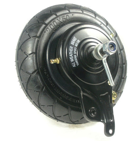 Razor E200 Belt-Drive Rear Wheel Assembly w/ Plastic Rim and Sprocket, featuring an 8 black plastic rim, tire, inner tube, metal axle, bearings, brake assembly, and belt sprocket.