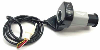 Razor Variable Speed Twist Grip Throttle for Mini Chopper (All Versions) shown in a close-up view with a cable attached, featuring red and white wires and power indicator lights.