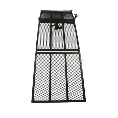 Safety Ramp for Mobility Scooters, featuring a black metal gate with a lock, close-up of a sturdy, foldable grill design for secure ramp positioning.