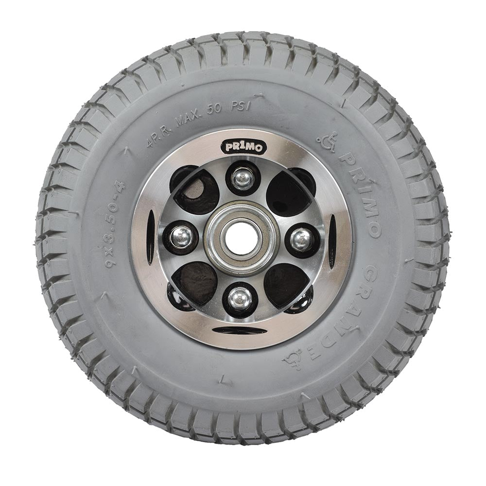 9x3.50-4 Foam-Filled Front Wheel Assembly for the Ranger XT-550 and Solo IV Series Mobility Scooters, featuring a silver rim and black tread with visible rivets and screws.