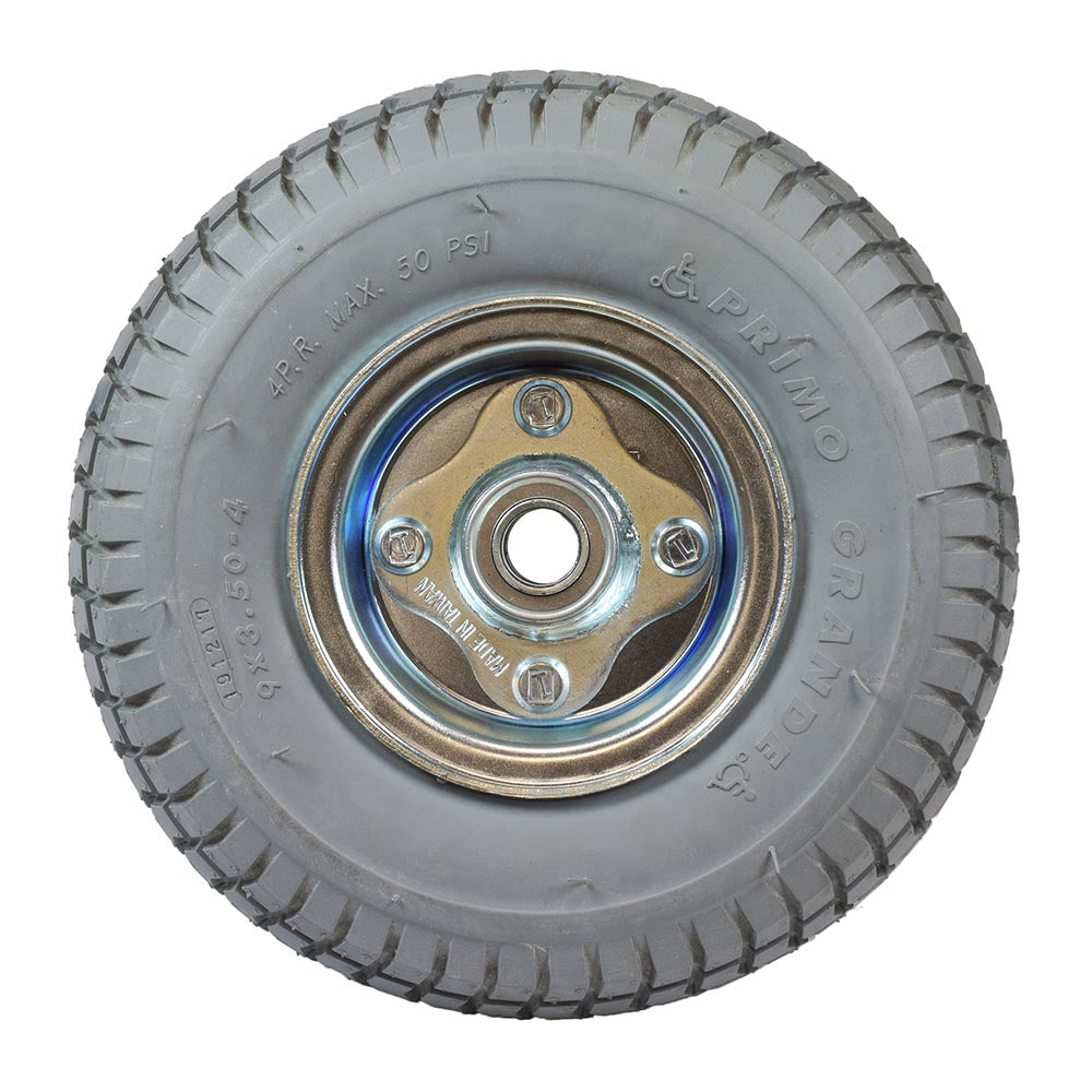 9x3.50-4 Foam-Filled Front Wheel Assembly for the Ranger XT-550 and Solo IV Series Mobility Scooters, featuring a sturdy metal center, durable tread, and integrated hubcap for enhanced performance and reliability.