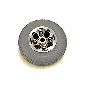 Foam Filled Rear Wheel Assembly for the Ranger Safari, Safari LTD, and Spirit Mobility Scooters: Close-up of a durable metal wheel with tread and rim, designed for rear wheel use only.