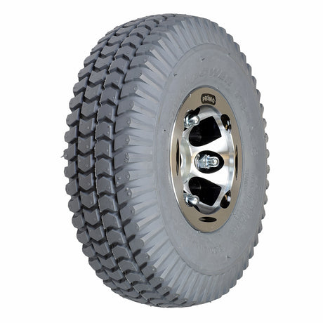 Close-up of the Foam Filled Rear Wheel Assembly for the Ranger XT550 and Solo Series Mobility Scooters, highlighting the tire tread and wheel rim.