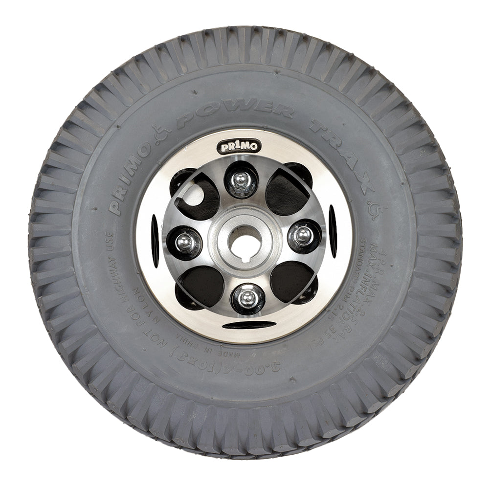 Foam Filled Rear Wheel Assembly for the Ranger XT550 and Solo Series Mobility Scooters, featuring a silver rim and solid flat-free tire with Powertrax C248 tread.