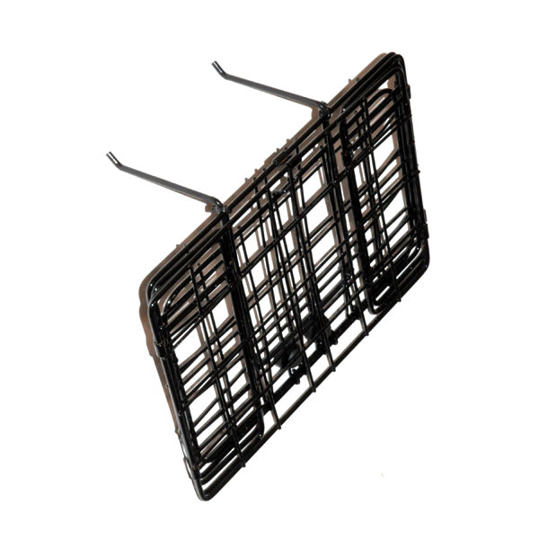 Folding Front Basket for Ranger Mobility Scooters, featuring a black metal grid design, shown in a close-up view. Ideal for scooter users requiring convenient, on-the-go storage.