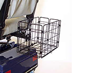 Seat Mounted Rear Folding Basket for Ranger Mobility Scooters displayed on a white chair, showcasing its metal frame and convenient design for carrying small items.